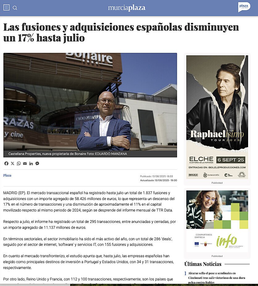 Las fusiones y adquisiciones espaolas disminuyen un 17% hasta julio